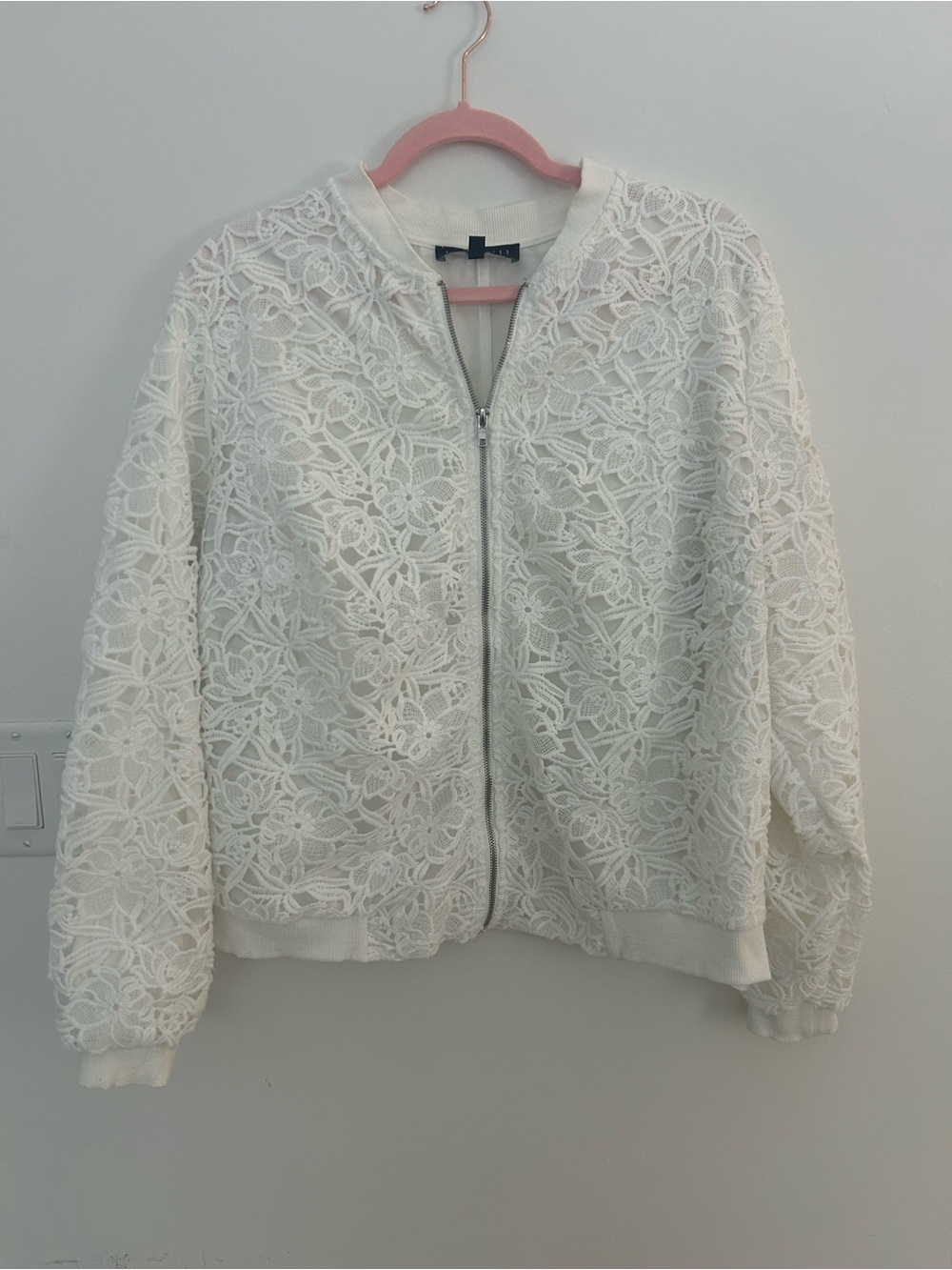 Eloquii Women’s White Floral Lace Bomber Jacket Zip Front Long Sleeve Size 14
